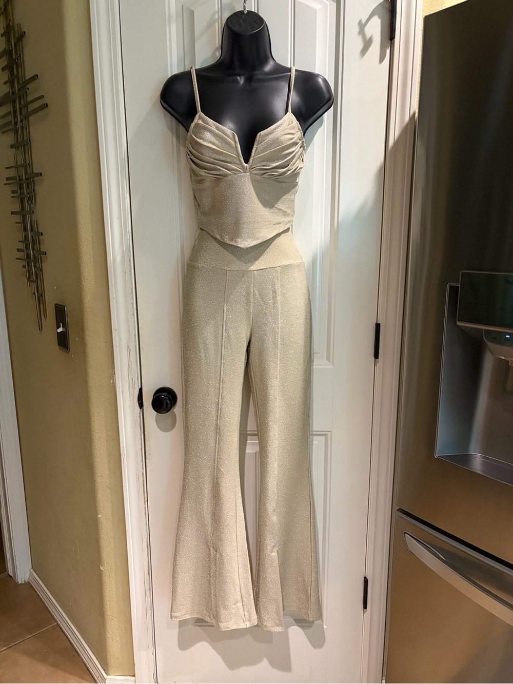 Madden NYC Juniors Metallic Pleated Cami and Flare Pants Set